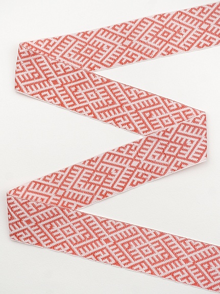 Жак.лента 55мм Алые славянские знаки на белом