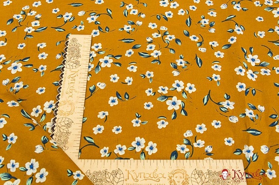 Импорт. хлопок "Белые цветы на темно-горчичном", ш.1.45м, хлопок-100%, 115гр/м.кв