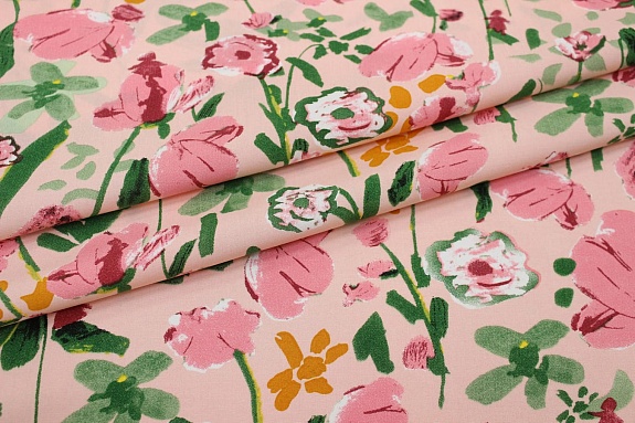 Штапель "Акварельные маки" цв.розовый, ш.1.45м, вискоза-100%, 110гр/м.кв