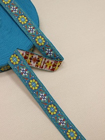 Жак.лента 22мм Желтый/красный цветочный орнамент на бирюзово-синем