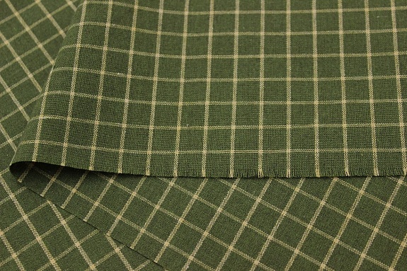 Пестрядь "Бежевая клетка (12*12мм) на т.болотно-зеленом", ш.1.46м, хлопок-95%, п/э-5%, 140гр/м.кв