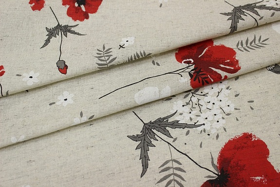 Полулен "Маки (цв.красный) Шелковый муар" (на суровом), ш.2.2м, лен-30%, хлопок-70%, 150гр/м.кв