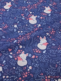 Бязь "Лесная полянка с лисичками" цв.темно-синий, СОРТ2, ш.1.5м, хл-100%, 120гр/м.кв