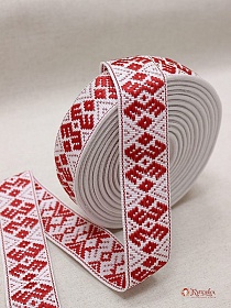 Лента тканая для поясов, 40мм Красный орнамент на белом, рис.9533