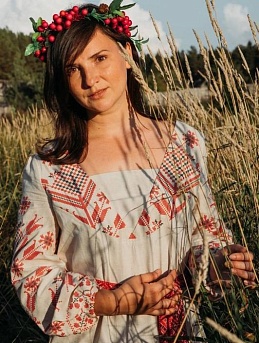 Платье русский стиль из полульна "Вышивка крестом - цветок""