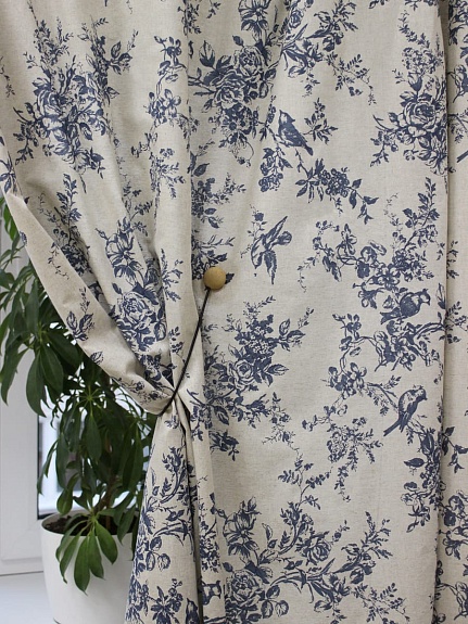 Полулен "Райские птицы" цв.джинс (на суровом), ш.2.2м, лен-30%, хлопок-70%, 150гр/м.кв