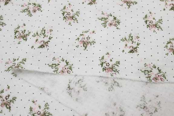 Муслин двухслойный с эф.жатости "Ароматные букетики с горошком" цв.белый, СОРТ2, ш.1.4м, хлопок-100%