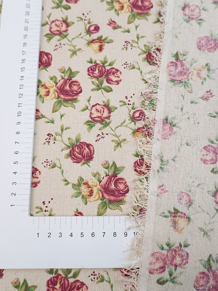 Полулен "Кустовые розы-зеленые листочки"(на светло-суровом), ш.1.5м, лен-40%, хл-40%, п/э-20%, 180гр/м.кв