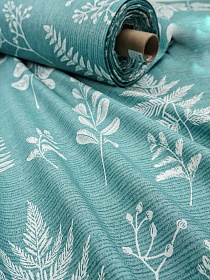 Бязь "Гербарий - листья" цв.мятно-бирюзовый, (комп), ш.2.2м, хлопок-100%, 120гр/м.кв