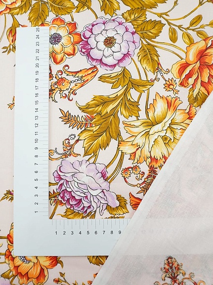 Перкаль "Цветочная композиция" (Гол.платок 75*81см) цв.розовый персик, ш.1.5м, хл-100%, раппорт 81см