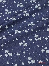 Джинсовая ткань "Бабочки с горошком на чернильной джинсе", ш.1.47м, хлопок-85%,п/э-15%, 140гр/м.кв