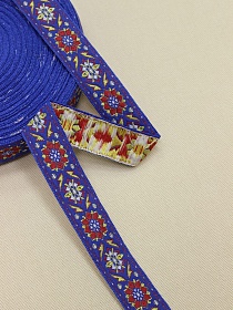 Жак.лента 24мм Красный/желтый цветочный орнамент на васильковом