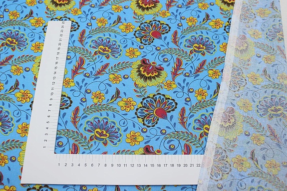 Ситец "Павлиний цвет на бирюзово-голубом", ш.0.8м, хлопок-100%, 86гр/м.кв