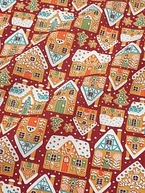 Вафельное полотно "Пряничные домики" цв.терракотовый, ш.1.5м, хлопок-100%, 165гр/м.кв