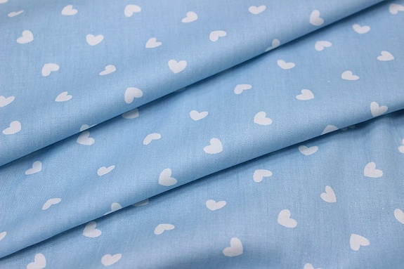 Сатин "Белые сердечки на лазурно-голубой дымке", ш.1.60м, хлопок-100%, 110гр/м.кв