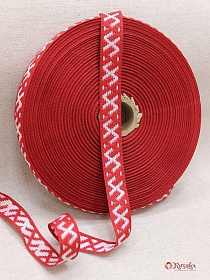 Жак.лента 18мм Славянский орнамент, оберег белый на красном