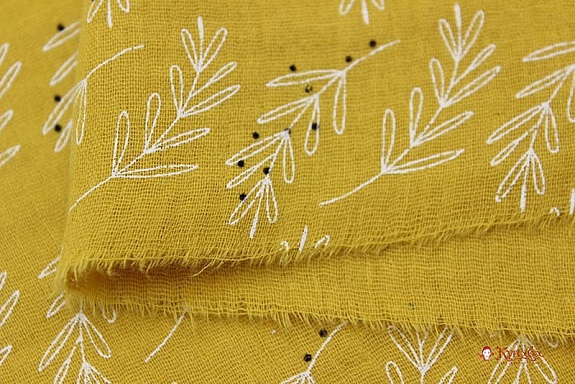 Мерный лоскут(ткань в отрезах) - Муслин двухслойный с эф.жатости "Веточки" цв.винтажно-горчичный
