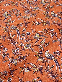 Бязь "Сказочные цветы с фазанами на т.оранжевой рогожке", ш.1.5м, хлопок-100%, 120гр/м.кв