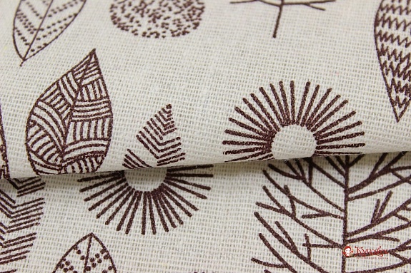 Полулен "Листья графика" (на суровом), цв.коричневый, ш.1.55м, лен-40%, хл-40%, п/э-20%, 145гр/м.кв