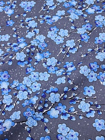 Бязь "Веточки в цвету на т.сером" цв.голубой, ш.1.5м, хлопок-100%, 120гр/м.кв