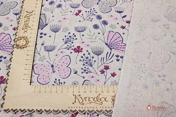 Полулен "Розовые бабочки на суровом", СОРТ2, ш.1.5м, лен-30%, хлопок-70%, 140гр/м.кв