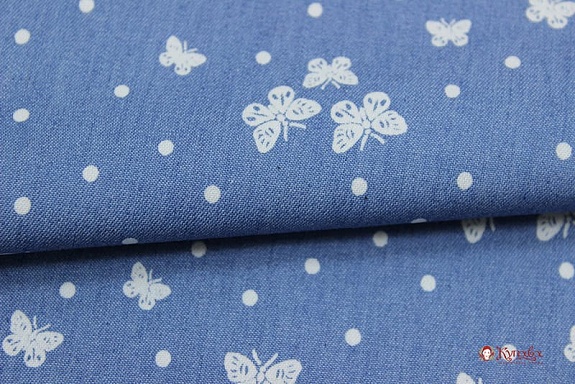 Джинсовая ткань "Бабочки с горошком на голубой джинсе", ш.1.47м, хлопок-85%,п/э-15%, 140гр/м.кв