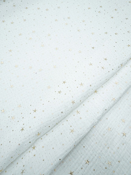 Муслин двухслойный с эф.жатости "Звездочки" (золотой глиттер) цв.белый, ш.1.4м, хл-100%, 140гр/м.кв