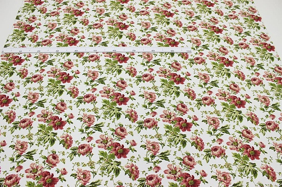 Ткань интерьерная "Бордовые пионы на белом", ш.1.48м, хл-80%, п/э-20%, 265гр/м.кв