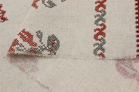 Полулен "Вышивка петушки на суровом с каймой", ш.1.5м, хлопок-70%, лен-30%, 140гр/м.кв