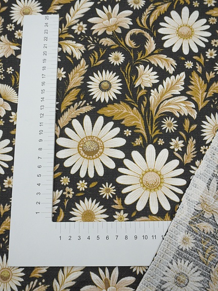 Вафельное полотно "Белокурые ромашки" цв.черный, ш.1.5м, хлопок-100%, 150гр/м.кв