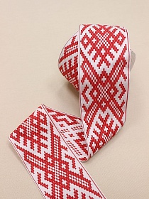 Жак.лента 87мм Красный славянский орнамент на белом