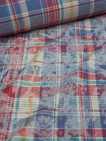 Фуле с вареным эффектом "Клетка" цв.джинс/красный коралл, ш.1.4м, хлопок-100%, 150гр/м.кв