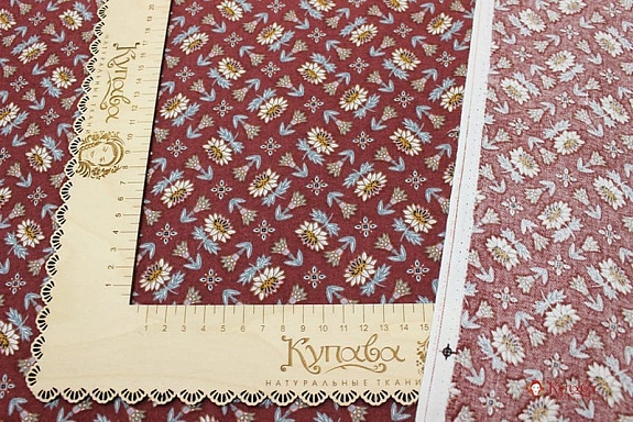Плательный хлопок с микроворсом "Орнамент-цветочный винтаж на бордово-коричневом", ш.1.46м, хл-100%