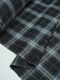 Шерсть пальтово-костюмная Твид "Клетка серо-голубая на черном", ш.1.5м, шерсть-50%, п/э-50%