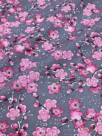 Бязь "Веточки в цвету на т.сером" цв.розовый, ш.1.5м, хлопок-100%, 120гр/м.кв