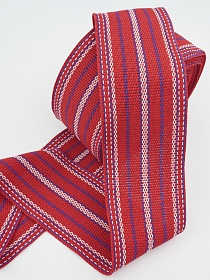 Лента тканая для поясов, 80мм Сине-белая строчка на красном