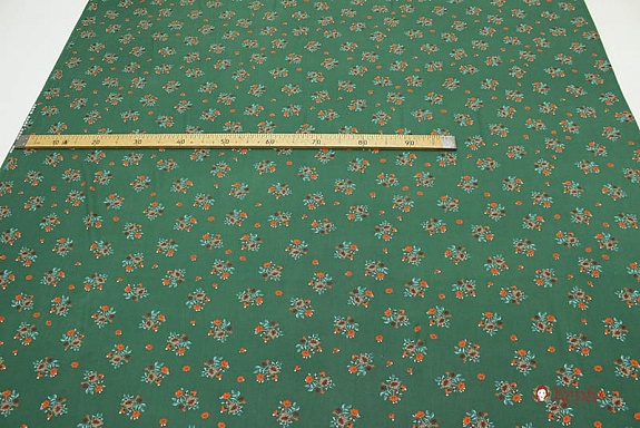 БРАК (цена снижена) Штапель "Коричнево-алые букетики на винтажно-зеленом", ш.1.44м, вискоза-100%