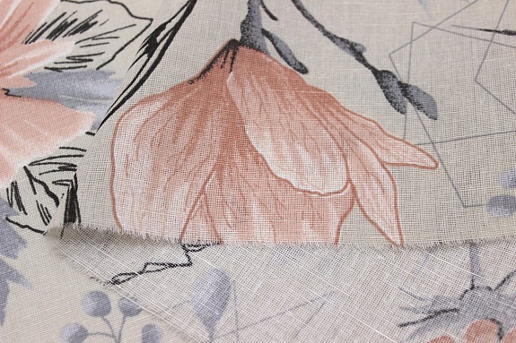 Полулен "Веточки магнолии" цв.св.телесно-серый, ш.2.2м, лен-30%, хлопок-70%, 140гр/м.кв