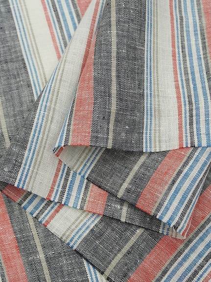 Лен сорочечный пестротканый с умягчением "Полоски" цв.черный/красный/синий, ш.1.5м, лен-100%