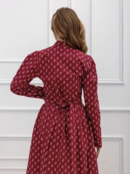 Платье из Теплого хлопка "Набойка-веточки с горошком" в бордовом цвете