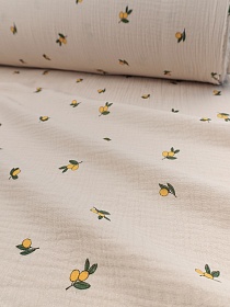 Муслин двухслойный с эф.жатости "Абрикосики" цв.топленое молоко, ш.1.4м, хлопок-100%, 115гр/м.кв