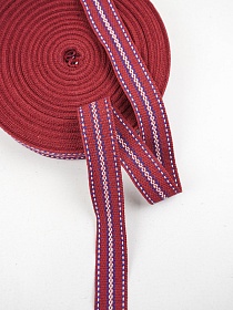 Лента тканая для поясов, 25мм Сине-белая строчка на красном