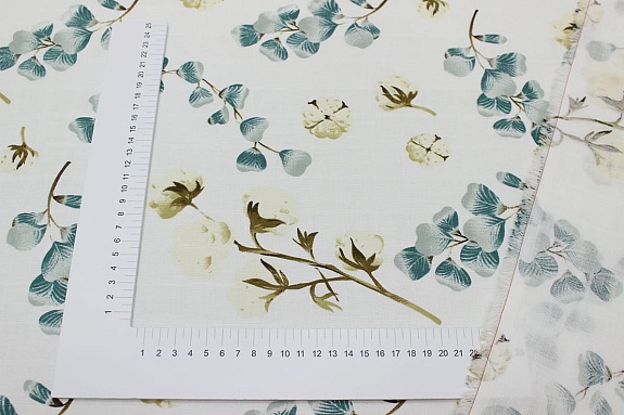 Муслин двухслойный "Веточки хлопка", ш.1.35м, хлопок-100%, 100гр/м.кв