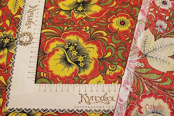 Мерный лоскут (ткань в отрезах) - Бязь "Хохлома на красном", ш.1.5м, хлопок-100%, 120гр/м.кв