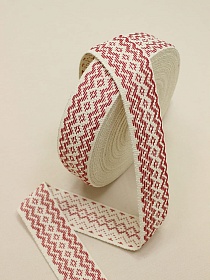 Лента тканая для поясов, 50мм Красный орнамент на суровом, рис.9479