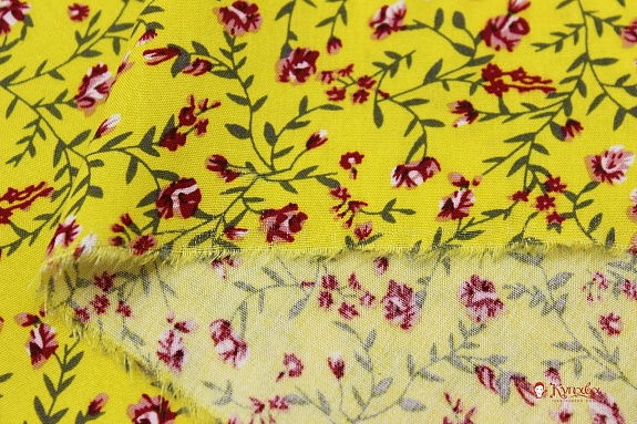 Штапель "Бордовые цветочки на желтом", ш.1.45м, вискоза-100%, 100гр/м.кв