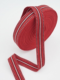 Лента тканая для поясов, 25мм Черно-белая строчка на красном