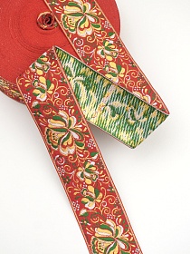 Жак.лента 50мм Желто-зеленые цветы на красном