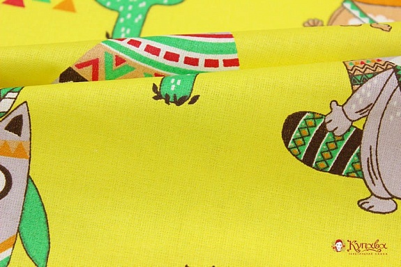 Бязь "Веселые индейцы" цв.желтый, ш.1.5м, хлопок-100%, 142гр/м.кв
