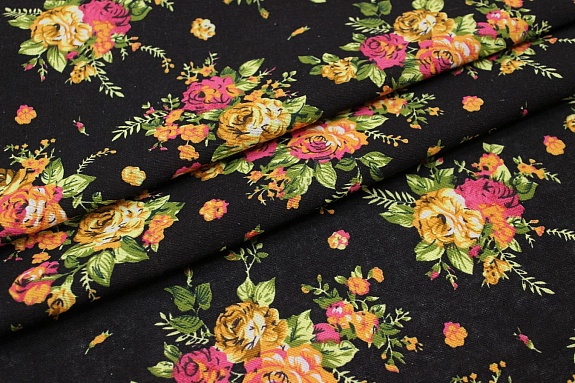 Хлопколен "Чайная роза на черном" (оранжевые цветы), ш.1.5м, лен-20%, хлопок-80%, 135гр/м.кв